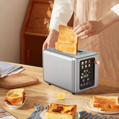 Touch screen Toaster 2 slice, Stainless Steel Digital Timer Toaster with Sound Function, 6 Bread Types & 6 Shade Settings, Smart Extra Wide Slots Toaster with Bagel, Defrost Functions (grey)