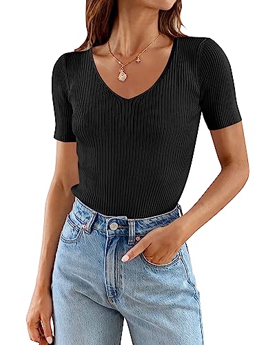 ZESICA Women's Short Sleeve T Shirts 2024 Summer V Neck Tops Casual Ribbed Knit Slim Fit Basic Tees,White,Small