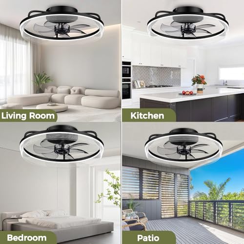 Mcestna Ceiling Fan with Light - Low Profile Ceiling Fan with Remote/App Control 20 Inch Bladeless Flush Mount Ceiling Fan with Light for Bedroom Living Room