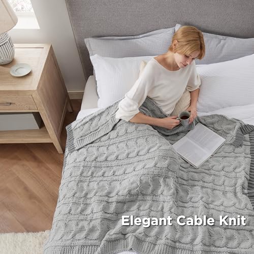 Bedsure Cable Knitted Throw Blanket for Couch, Chenille Chunky Knit Throw Blanket - Soft and Cozy Beige Throw Blanket for Winter, Throw (50" x 60")