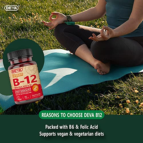 DEVA Vegan Vitamin B12 Fast Dissolve Supplement - Once-Per-Day Complex with 1000 Mcg Methylcobalamin B12, Folic Acid, B6 - Lemon Flavor - 90 Dissolvable Tablets,