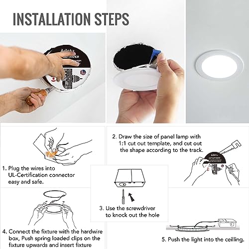 Adetu 6 Pack 4 Inch 5CCT Ultra-Thin LED Recessed Ceiling Light with Junction Box,Dimmable Canless Wafer Downlight,2700K-5000K Selectable,9W Eqv 80W,810LM High Brightness,ETL Certified