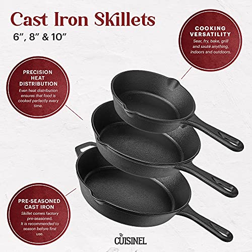 Cuisinel Cast Iron Skillet Set - 6"+8"+10"-Inch + Glass Lids + Silicone Handle Holder Covers - Pre-Seasoned Frying Pan - Oven Safe Cookware - Indoor/Outdoor, Grill, BBQ, Fire, Stovetop, Induction Safe