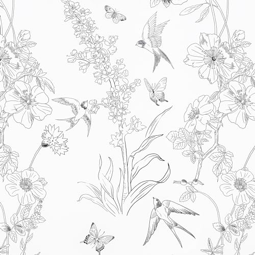 Amiya Black and White Floral Wallpaper Peel and Stick Removable Birds Contact Paper Bedroom 17.3” X 80” Vinyl Self Adhesive Sketch Wall Paper for Cabinets Shelf Liner Living Room Decoration