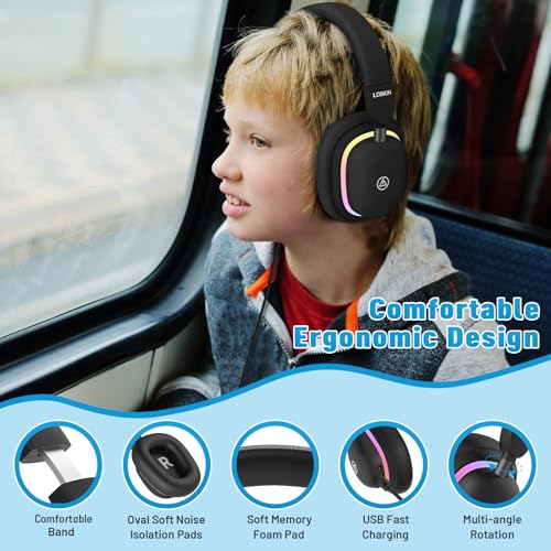 LOBKIN Bluetooth 5.3 Kids Headphones with Case - RGB LED Light Up Cat Ears Foldable Adjustable Over Ear Headphone Support Wireless or 3.5mm Wired Mode for Toddler & Girls & Boys Teens