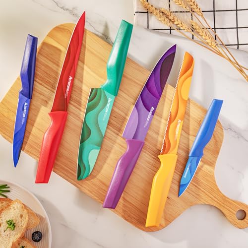 Astercook Paisley Pattern Knife Set with Cover, Dishwasher Safe Colorful Knives with 6 Knife Sheath, German Stainless Steel Rainbow Knife Set