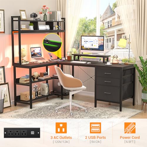 Aheaplus L Shaped Desk with Hutch, Gaming Desk with Led Lights, Reversible Computer Desk with Power Outlet, Corner Desk with File Drawer & Monitor Stand, Storage Shelves for Home Office, Black