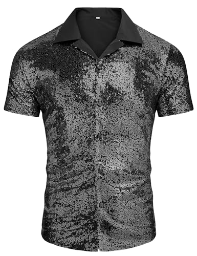 AstoSeu Men's Sequin Dress Shirt 70s Disco Costume Sparkle Party Short Sleeve Button Down Shirts Black M