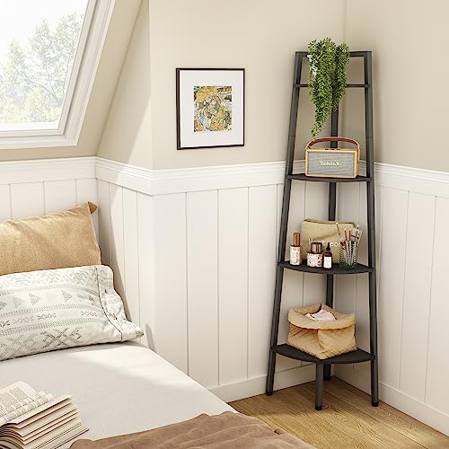 Hoctieon Corner Shelf, 4-Tier Corner Bookshelf, Rustic Corner Ladder Shelf, Industrial Display Shelf for Living Room, Kitchen, Home Office, Balcony, Small Space, Metal Frame, Black