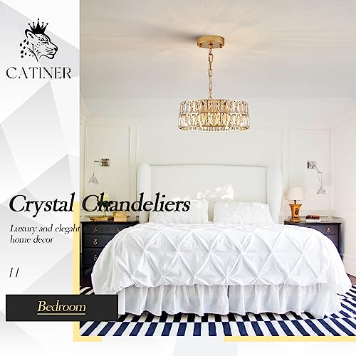 CATINER Gold Crystal Chandeliers, Modern Semi Flush Mount Chandelier 4-Ligh Drum Crystal Ceiling Pendant Light Fixture 12” for Foyer Entryway Kitchen Hallway Dining Room