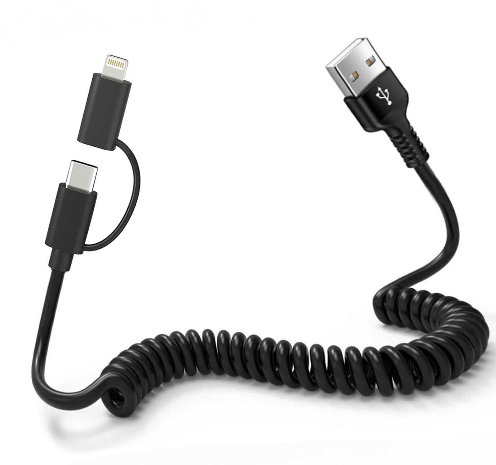 USB to USB C and Lightning Cable - Support Apple Carplay & Android Auto Cable [MFi Certified] 3A Fast Charge & Data Sync Coiled Dual Lightning and USB C Cable 2 in 1 for iPhone 16/15/14/13/12/Android