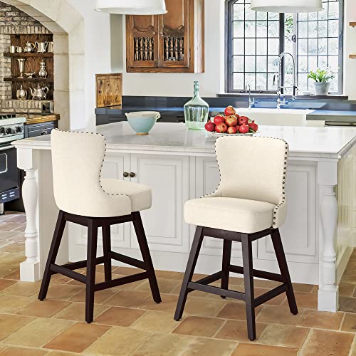 Cozyman Counter Height Bar Stools, 30" H Swivel Bar Stool with Back, Linen Fabric Counter Stool, Solid Wood Legs, Retro Upholstered Barstools for Kitchen Island, Home Bar, Pub, Beige
