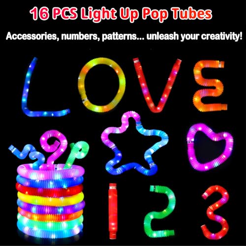 Glow Sticks Halloween Party Favors for Kids - 16 Pcs Light Up Pop Tubes Halloween Toys Glow in the Dark Party Supplies Halloween Gifts for Kids Goodie Bag Fillers, Christmas Stocking Stuffers for Kids