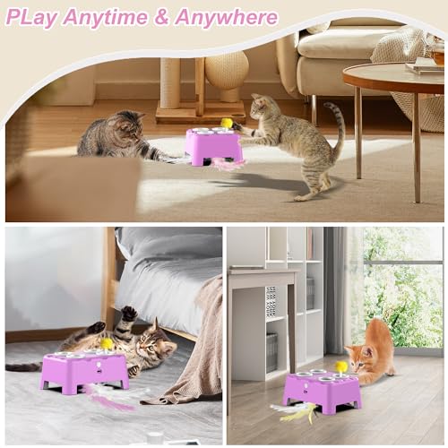 Interactive Cat Toys, 2-in-1 Automatic Cat Toy, 4 Holes Mice Whack A Mole Cat Mouse Toy with Moving Feather, Portable USB Rechargeable Electronic Kitten Toys (Blue)