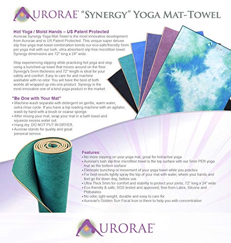 AURORAE Synergy 2in1 Hot Yoga Mat with integrated Non Slip Microfiber Towel. No Slipping No Bunching/Odor Patent Protected, Machine Washable