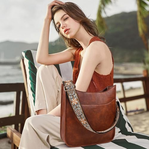 HKCLUF Crossbody Bag for Women Trendy Vegan Leather Hobo Handbags Women Fashion Shoulder Bucket Bags Cross-body Purse with 2PCS Adjustable Strap(Dark Brown)