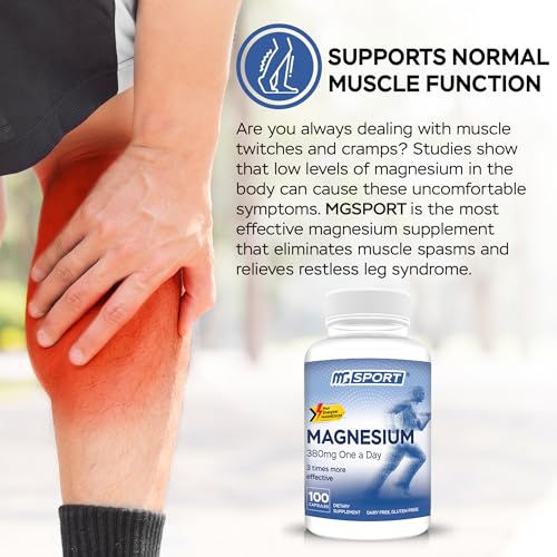 MGSPORT Magnesium Supplement - High Absorption Supplement with Vitamins B6, D, E - Relieves Leg Cramps & Muscle Support - 100 Servings