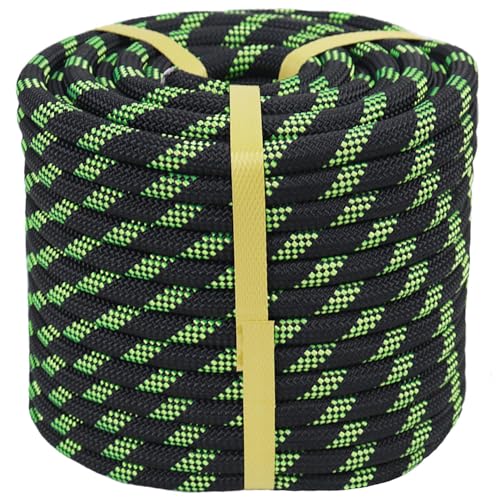 CRAYZA Braided Polyester Rope (3/8 in x 100 ft) Climbing Rope Arborist Rope for Tree Climbing Pulling Swing Sailing, Black/Fluorescent Green