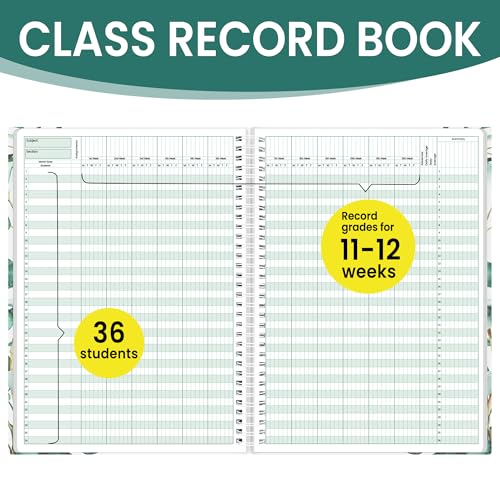 SUNEE Teacher Class Record Book for 11-12 weeks, 36 Names, 8.5x11 Inch, 102 Pages (51 Sheets), 100gsm Thick Paper, Larger Grade Recording for up to 36 Students with Water-Resistant Plastic Cover,Black