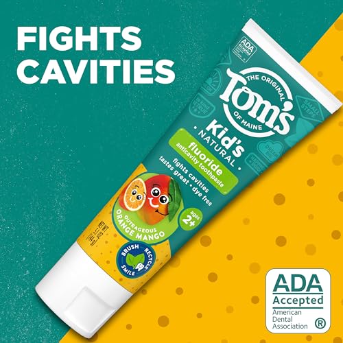 Tom's of Maine ADA Approved Fluoride Children's Toothpaste, Natural Toothpaste, Dye Free, No Artificial Preservatives, Outrageous Orange Mango, 5.1 oz. 3-Pack (Packaging May Vary)