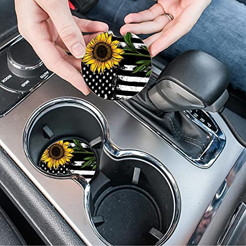 Car Coasters 2 Pack, Small 2.56" Stone Car Cupholder Absorbent Coaster Set for Women Men Drink Cup Holder Coasters (Sunflower&Roses)