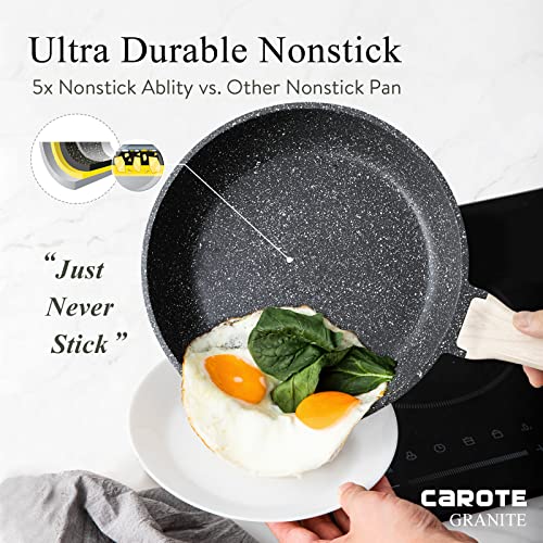 CAROTE Nonstick Frying Pan Skillet,8" Non Stick Granite Fry Pan with Glass Lid, Egg Pan Omelet Pans, Stone Cookware Chef's Pan, PFOA Free (Classic Granite, 8-Inch)