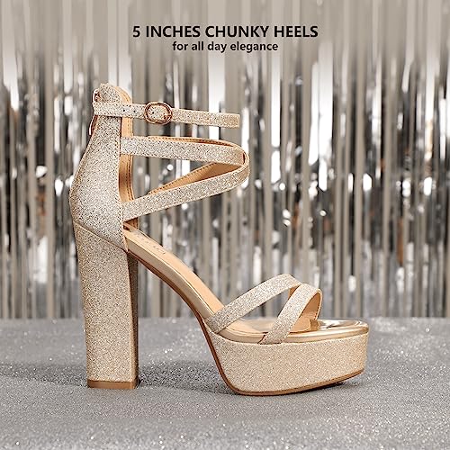 IDIFU Women's Platform Chunky High Heels Dress Sandals Open Toe Ankle Strap Strappy Wedding Bridal Party Dance Shoes with Zipper (Black Pu, 11 M US)