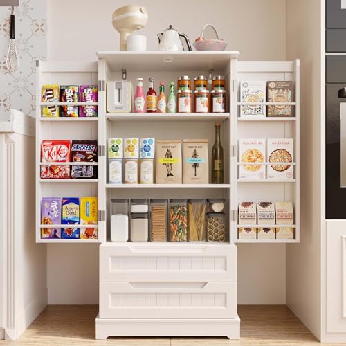Gizoon 47" Small Kitchen Pantry Storage Cabinet with Drawers Freestanding Bathroom Storage Cabinets with Doors and Shelves, Small Food Pantry Cabinet for Dining Room Craft Room, White