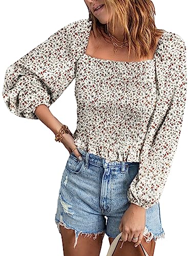 EVALESS Long Sleeve Tops for Women Off Shoulder Blouses Work Clothes for Women Business Casual Square Neck Floral Print Ladies Tops and Blouses Spring Fashion 2024 Concert Outftis Red Shirts, Large