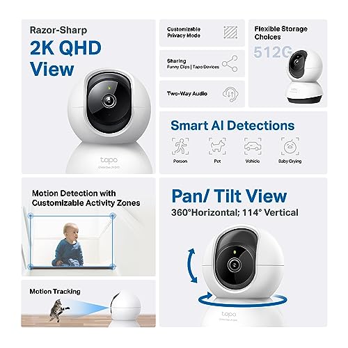 TP-Link Tapo 2K QHD Pan/Tilt Security Camera for Pet Camera, Baby Monitor, Motion Detection, Motion Tracking, 2-Way Audio, Night Vision, Cloud &SD Card Storage, Works w/Alexa & Google Home(Tapo C220)