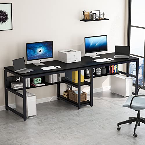 Tribesigns Two Person Desk with Bookshelf, 78.7 Computer Office Double Desk for Two Person, Rustic Writing Desk Workstation with Shelf for Home Office (Black)
