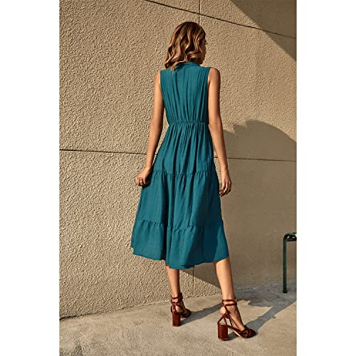 BROVAVE Womens 2025 Summer Sleeveless Shirt Dress Collar Striped V Neck Casual Midi Dresses(Dark Green, S)