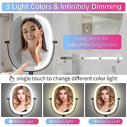 Rechargeable Wall Mounted Lighted Makeup Mirror, 8 Inch Double Sided LED Vanity Mirror 1X/7X Magnification,3 Color Lights Touch Dimmable Oval Frame 360°Swivel Magnifying Bathroom Mirror Antique Bronze