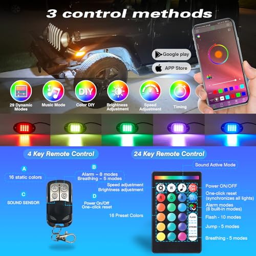 4Pods Segmented RGB LED Rock Lights with APP/RF Remote, Multicolor Neon Underglow Lights Vehicle Exterior Lights Multi Zone 12v Waterproof Underbody for Truck Jeep UTV ATV SUV SXS Golf Cart Offroad