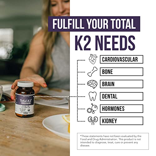 Total K2® | Vitamin K2 as MK7 & MK4 | Plus K1 & Vitamin D3 Cofactor - 620 mcg K2 per Serving - All-Trans MK7 from MenaQ7® - Full-Spectrum Vitamin K - Vegan, Organic Certified (60 Capsules)