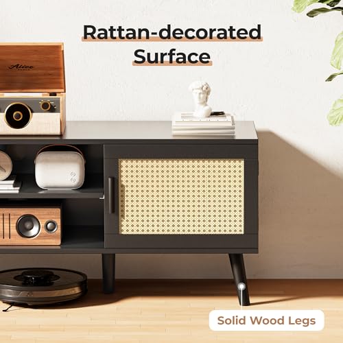 SUPERJARE 65 Inch TV Stand, Entertainment Center with Adjustable Shelf, Rattan TV Console with 2 Cabinets, Media Console, Solid Wood Feet, 4 Cord Holes, for Living Room, Black