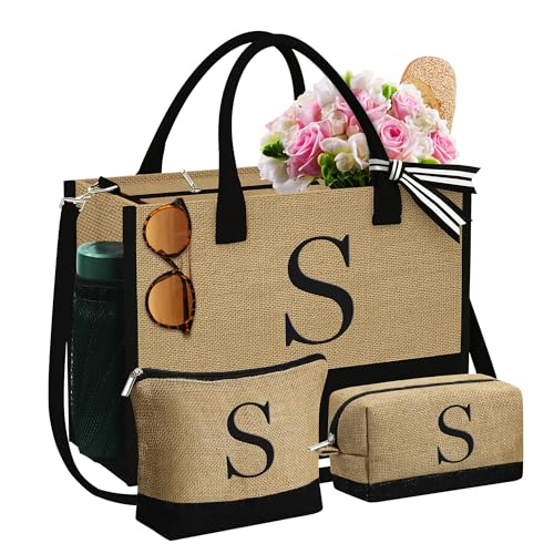 YOOLIFE Large Jute Tote Bag for Women, Monogram Beach Bag Travel Must Haves Friend Gifts Birthday Gifts Wedding Bridesmaid Gifts Bridal Shower Gifts Self Care Gifts Halloween Gifts for Women Letter V