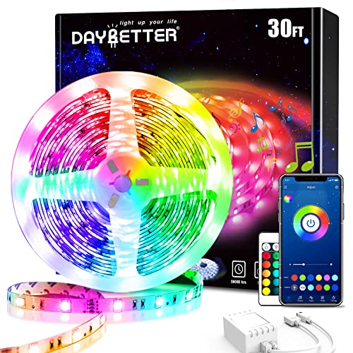 DAYBETTER Smart Led Lights 30 ft, 5050 RGB Led Strip Lights Kits with 24 Keys Remote, App Control Timer Schedule Led Music Strip Lights