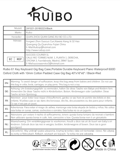Ruibo 61 Key Keyboard Gig Bag Case,Portable Durable Keyboard Piano Waterproof 600D Oxford Cloth with 10mm Cotton Padded Case Gig Bag 40"x16"x6" / Black+Red