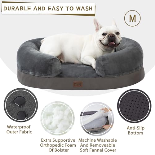 pettycare Orthopedic Dog Bed for Medium Dogs with Memory Foam, Waterproof Pet Bed Soft Sofa with Washable Removable Cover Anti-Slip Bottom, Extra Head and Neck Support Sleeper, 30” Dark Grey