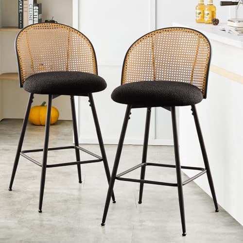 Bekrvio Swivel Bar Stools Set of 4, Mid Century Modern 29" Bar Chairs with Rattan Back and Metal Legs, Upholstered Boucle Fabric Barstools Island Stools for Kitchen Counter, Home Bar, Green