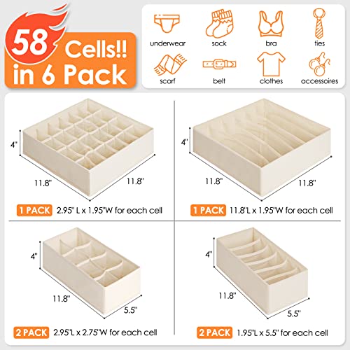 6 Pack Sock Underwear Drawer Organizer Dividers, 58 Cell Foldable Fabric Dresser Closet Organizers and Storage Bins for Clothing, Baby Clothes, Bra, Panty, Scarf, Ties (Beige)