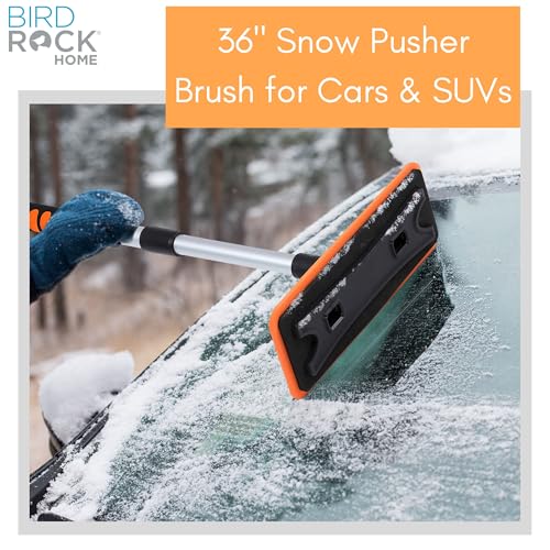 BIRDROCK HOME 36" Extendable Snow Pusher Brush & Detachable Ice Scraper for Cars | Aluminum Grip for Car, Truck, SUV | Safe on Auto Windshield & Windows | Wide Frost Remover for Semi & Small Vehicles