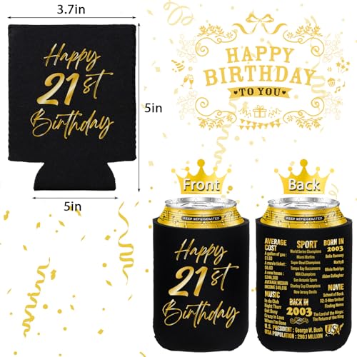 BackURyear 21st Birthday Decorations for Him Her, Birthday Decor for 21 Years Old Boy Girl, 21st Birthday Supplies for Women Men, Back in 2003-21st Birthday Can Cooler Sleeves- 12Pcs Black&Gold