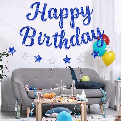 Blopee Large Happy Birthday Banner, Blue Happy Birthday Banner for Men/Women, Blue Happy Birthday Sign for Backdrop, Blue and Silver Happy Birthday Banner for Royal Blue Happy Birthday Decorations