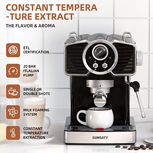 SUMSATY Espresso Machine 20 Bar, Professional Espresso Maker with Milk Frother Steamer Wand, Espresso Coffee Machine Black, Cappuccino & Latte Machine for Home, Retro, 1.8L Removable Water Tank