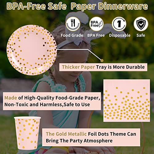 Dn Dennov 168PCS Pink and Gold-Pastel Party Supplies, Severs 20 Disposable Party Dinnerware Include Paper Party Plates, Cups, Napkins, Straw, Wooden Fork Spoon for Wedding,Christmas (Pink and Gold)