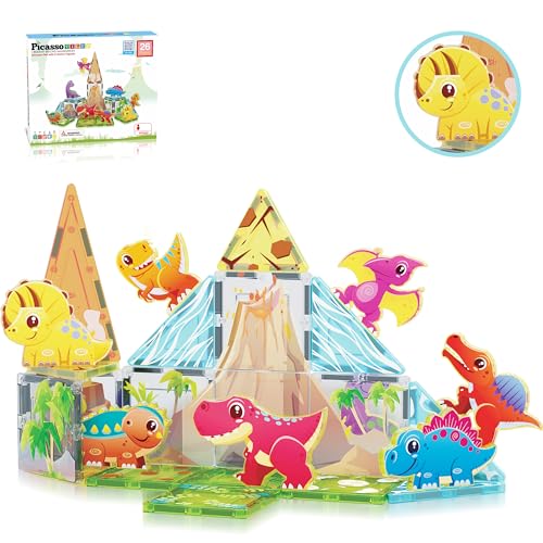 PicassoTiles Magnet Tile Building Blocks Dinosaur World Themed Playset with 8 Animal Character Action Figures Magnetic Tiles STEM Learning Pretend Play Toy Construction Set Boys Girls Ages 3+ PTQ23