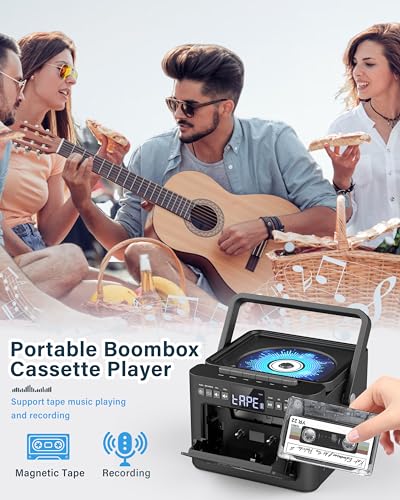 Boombox Cassette CD Player Bluetooth5.1 with 5000mAh Battery,5W Dual Stereo Speakers,Rechargeable CD Player with FM Radio,Remote Control,Tape Recording,3.5mm Earphone Jack,AUX/Micro SD/USB for Home