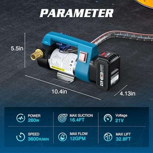 Fuel Transfer Pump Battery Powered, 21V Cordless Diesel Transfer Pump with 2X4.0Ah Battery, 12GPM Portable Self-Priming Diesel Pump Kit with Auto Shut Off Nozzle&Hose for Diesel,Kerosene